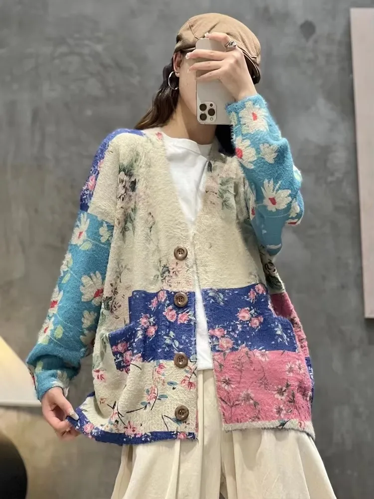 Amax luluE 冬の女性のファッションプリントルーズカーディガンレディース高級花レジャーセータークラシック V ネックビッグサイズニットウェア