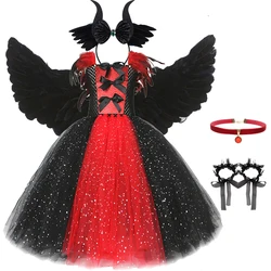Maleficent Role Play Costume Sleeping Beauty Cosplay Dress Children Luxury Mesh Black And Red Frocks Halloween Clothes