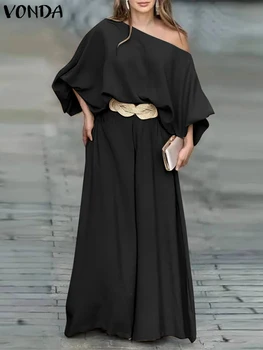 PLUS ขนาด VONDA ผู้หญิงชุดลําลองเอียงเสื้อ Elastic เอวกางเกงขากว้างชุด 2024 Elegant กางเกงชุด 2PCS