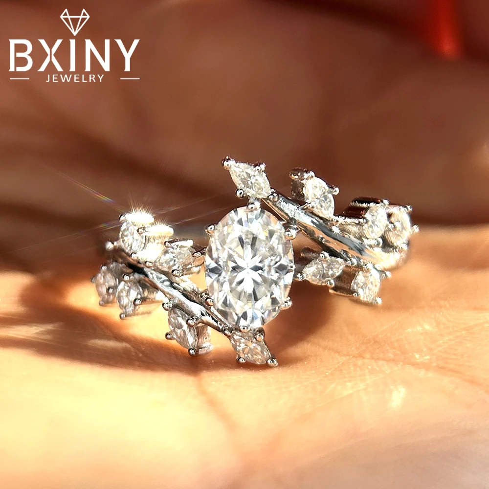 

BXINY 1CT Oval Cut Full Moissanite Rings 925 Sterling Silver For Women Vine Lab Diamond Wedding Band Fine Jewelry Gifts with GRA