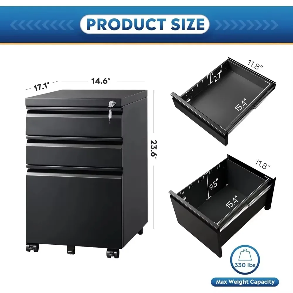 3 Drawer Mobile File Cabinet with Lock, Under Desk Metal Filing Cabinet for Legal/Letter/A4 File