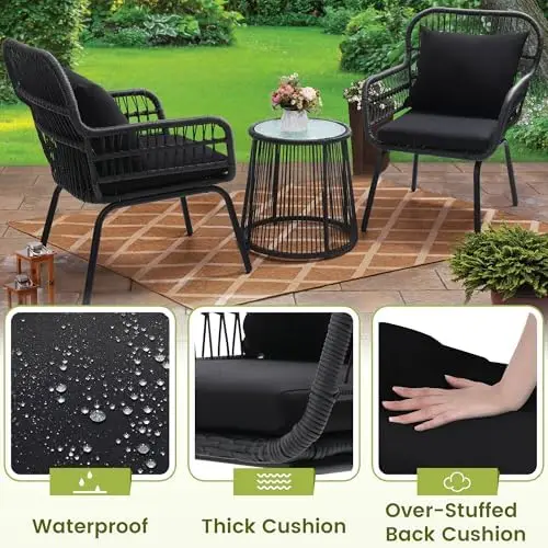 3-Piece Rattan Wicker Bistro Set, Outdoor Conversation Set with Glass Top Table, Black