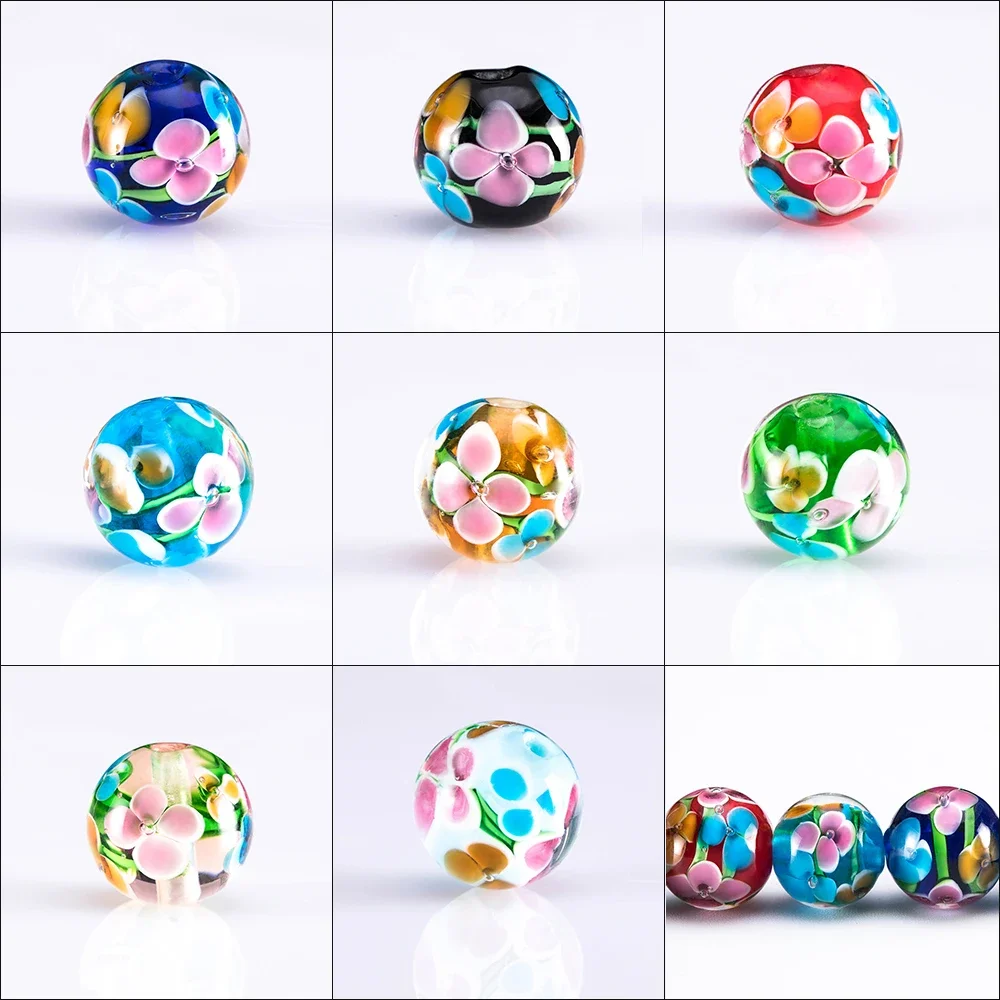 12mm Murano Handmade Lampwork Glass Beads Women\'s Jewelry Making Diy Beads Flower Transparent Round Beads Wholesale L201