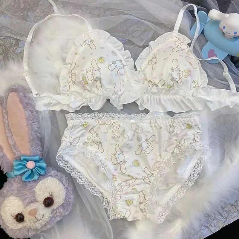 Sanrio Cinnamoroll Series Kawaii Lolita Girl Bra Set Sweet Printed Bowknot Cartoon Japanese Style White Underwear Cute Gift Set