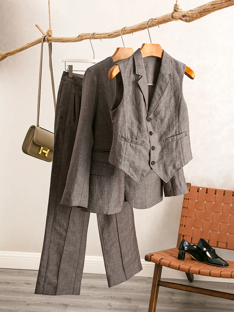 

YongLeap Новинка ранней весны: Модный женский комплект из шерсти и льна (пиджак, жилет, брюки, футболка)