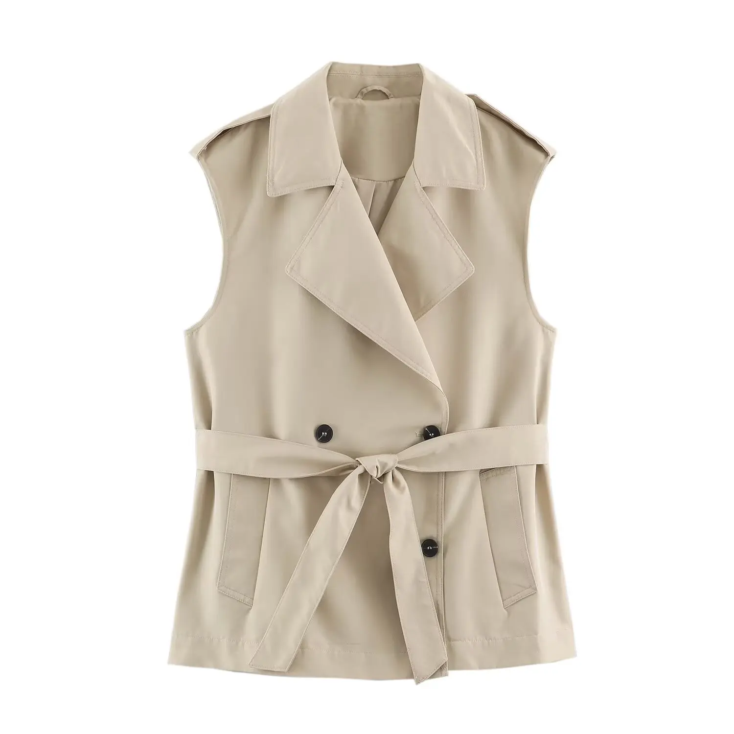 Damenweste 2026 Herbst Neu Einfarbig Ärmellos Doppelreihig Gürtel Lose Tanktops Jacke Pendlermode Damenweste – Detail 2
