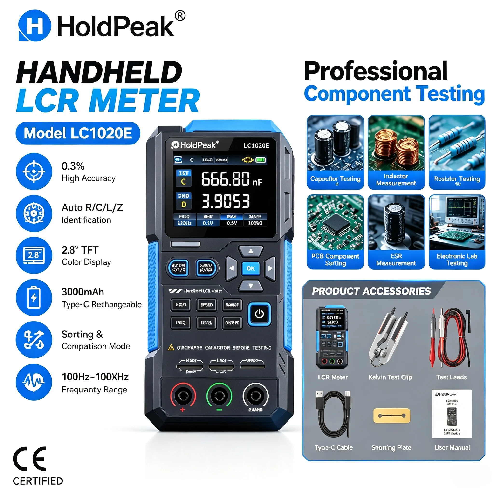 FNIRSI LC1020E Handheld LCR Meter 100Hz-100kHz 0.3% Accuracy Auto R/L/C ID 2.8