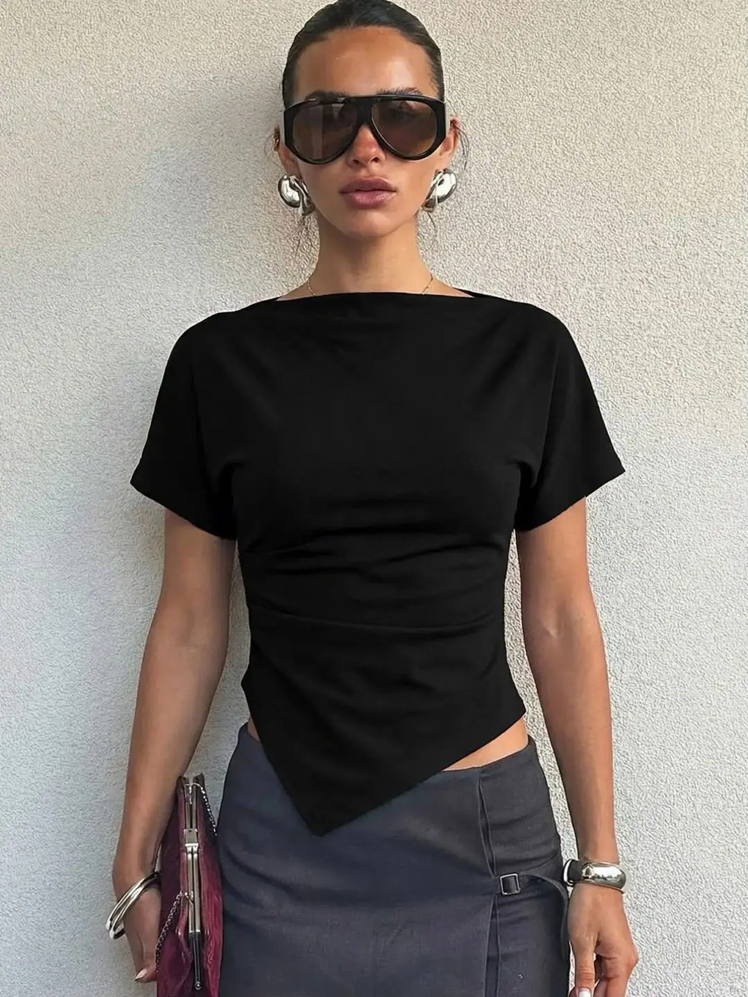 Spring Summer New Slim Fit Drawstring Asymmetrical Short Sleeve T-Shirt Top for Women