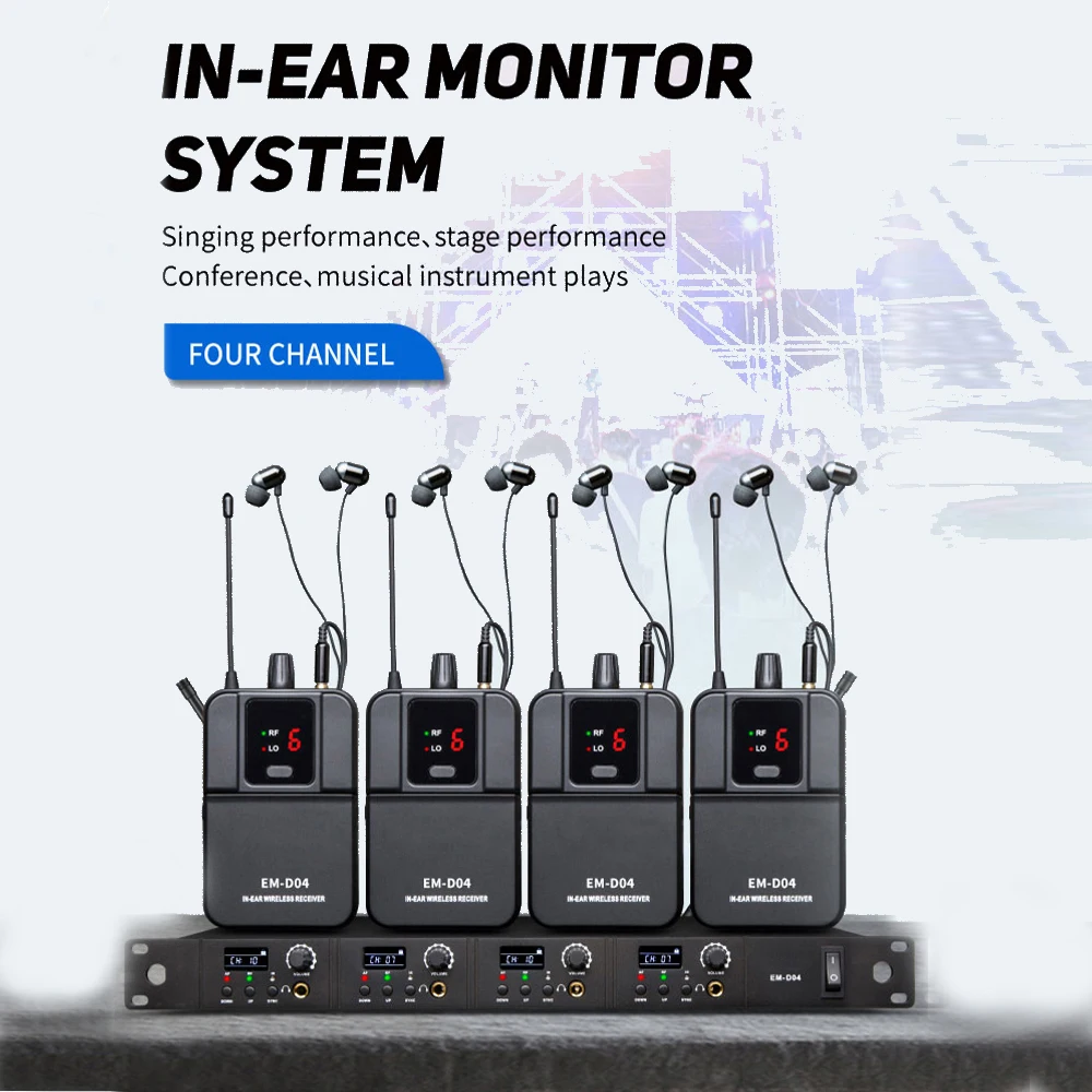 Sistema de monitoreo intraauricular inalámbrico de 4 canales EM-D04 de ShennDare Sistema de monitoreo mono de frecuencia ultraalta Sistema amplificador de retorno de oído para presentaciones en el escenario