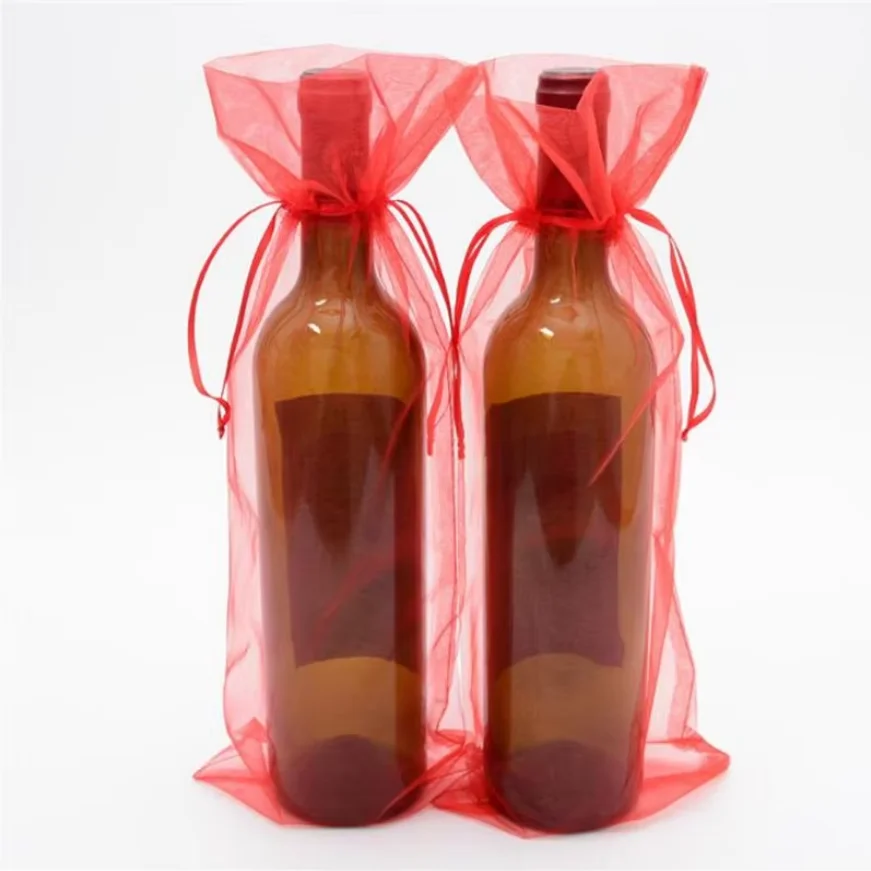 

50pcs 14x37cm Gold Drawstring Organza Wine Bags For Wedding Party Gift Champagne Bottle Holder Pouches free shipping