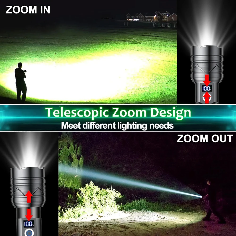 High-power Strong Light Flashlight Long Range USB Charging 26650 Lithium Battery Outdoor Telescopic Zoom Super Bright Flashlight