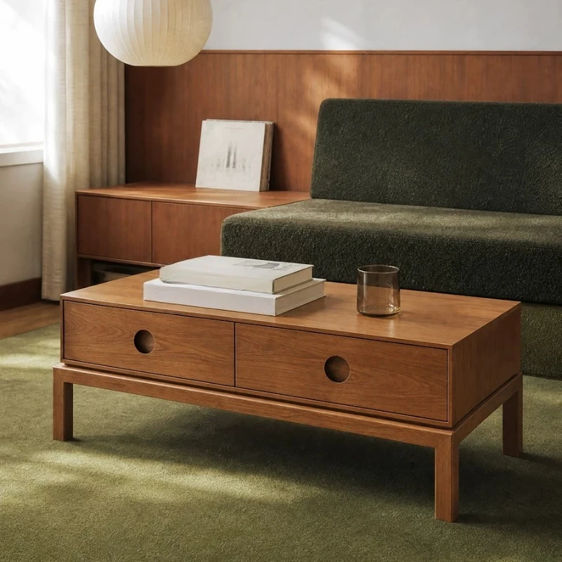 Retro solid wood coffee table multi-functional double pumping storage square tea table