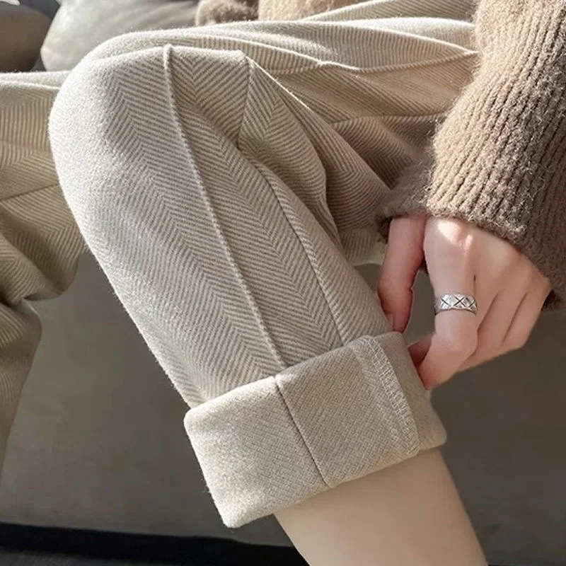 ارتفاع الخصر مستقيم الساق السراويل الصوفية المرأة الخريف الشتاء تنوعا فضفاض التخسيس إخفاء حجم صغير تسعة أنبوب السراويل