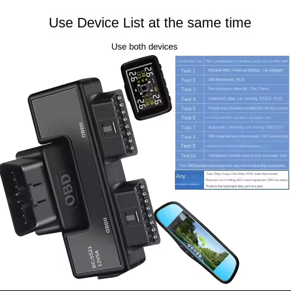 Car OBD2 1-to-2 Foldable Adapter Cable 16-Pin 16-Core Fully Powered for Dual Device Connection with 180° Rotation & DC Charging
