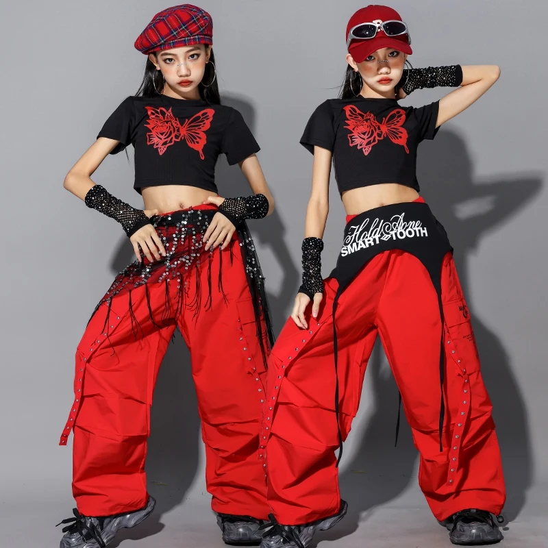 Jazz Dance Costumes Kid Girls Kpop Stage Outfit Red And Black Trendy Suit Crop Top Shuffle Pants Hip Hop Street Dance Wear 2362