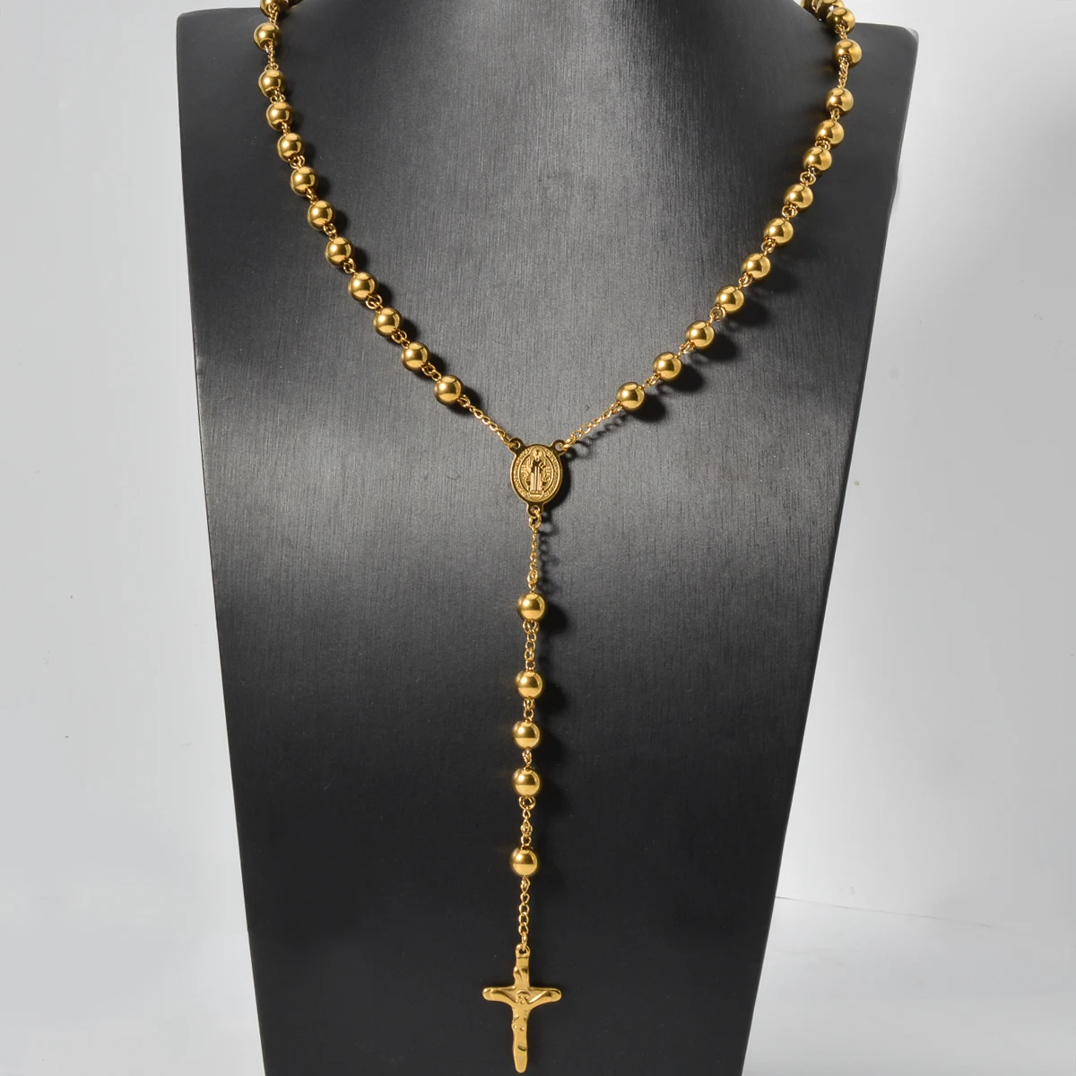 Gold Plated Rosary Beads Necklace with Jesus Cross Pendant Catholic Religious Jewelry Long Chain for Prayer Devotion Gift