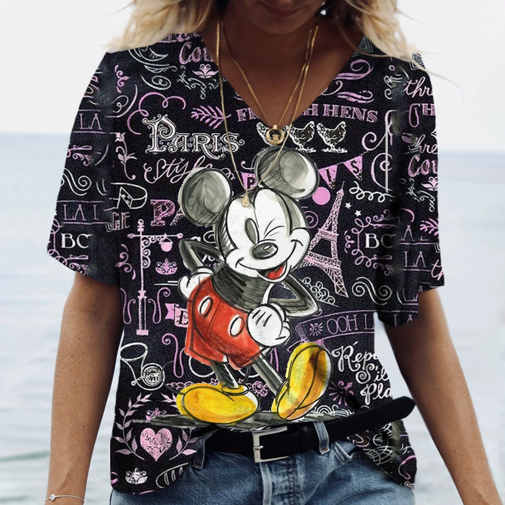 Woman Short Sleeve V Neck T Shirt Loose Summer Women\'s Clothing T-Shirts Disney Mickey Mouse Print T Shirt Oversize Pullover Top