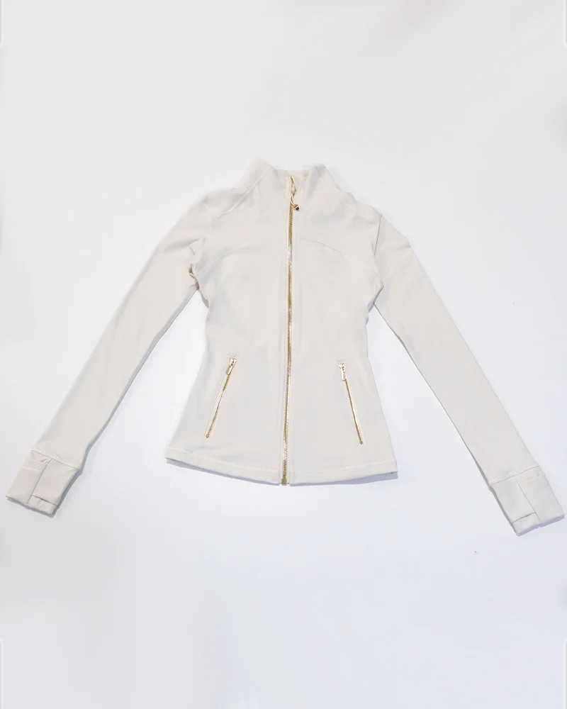 Neue Damen Slim Fit Sportjacke mit Goldreißverschluss, atmungsaktiv, schnelltrocknend, Stehkragen-Stil, Daumenloch-Design, Sportjacke – Detail 5