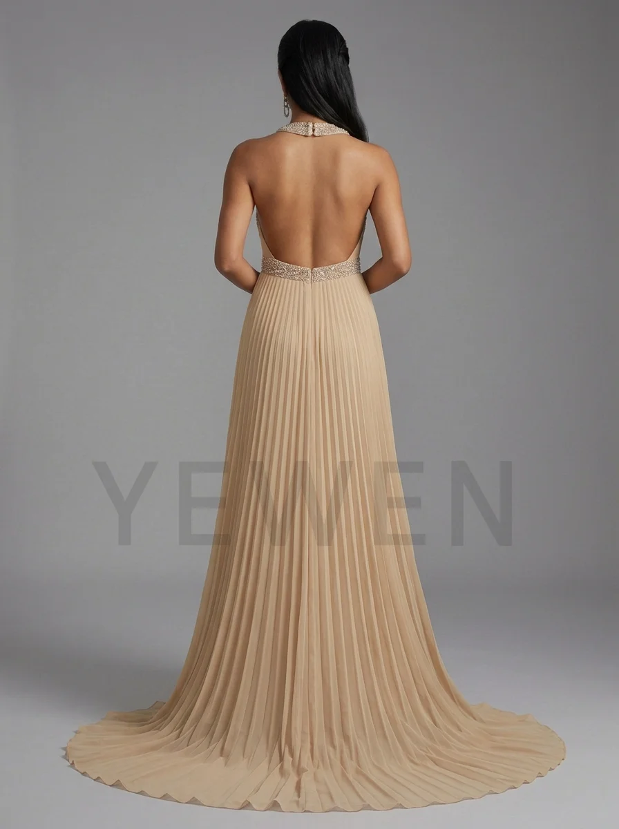 Champagne Sequin Halter Maternity Dress Luxury Cross Neck Beaded Pregnancy Gown Pleated Chiffon Maternity Photoshoot Dress