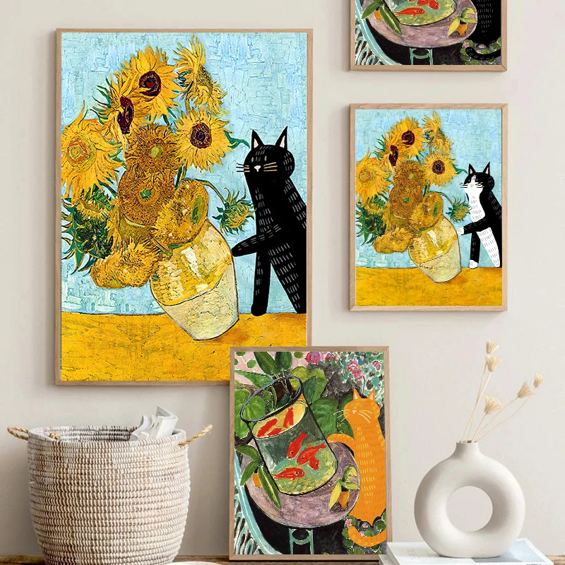 Funny Black Cat Knocking Van Gogh Sunflower Posters Minimalist Print Canvas Painting Wall Art for Living Room Modern Home Dec