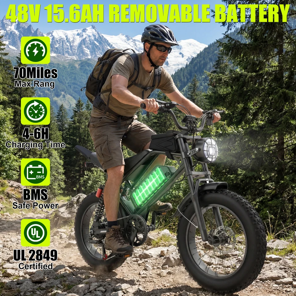Electric Bike for Adults, 1500W/3000W Peak Electric Dirt Bike,70/80Miles 31/35MPH 48V15.6/20AH Removable Battery, 20"×4.0 "Fat Tire All-Terrain Ebike image 6