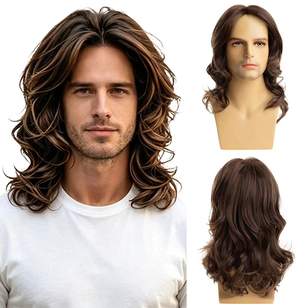 Men Long Curly Brown Wig 70s 80s Rocker Shoulder Length Natural Wave Synthetic Hair For Cosplay Halloween Disco Party Costume