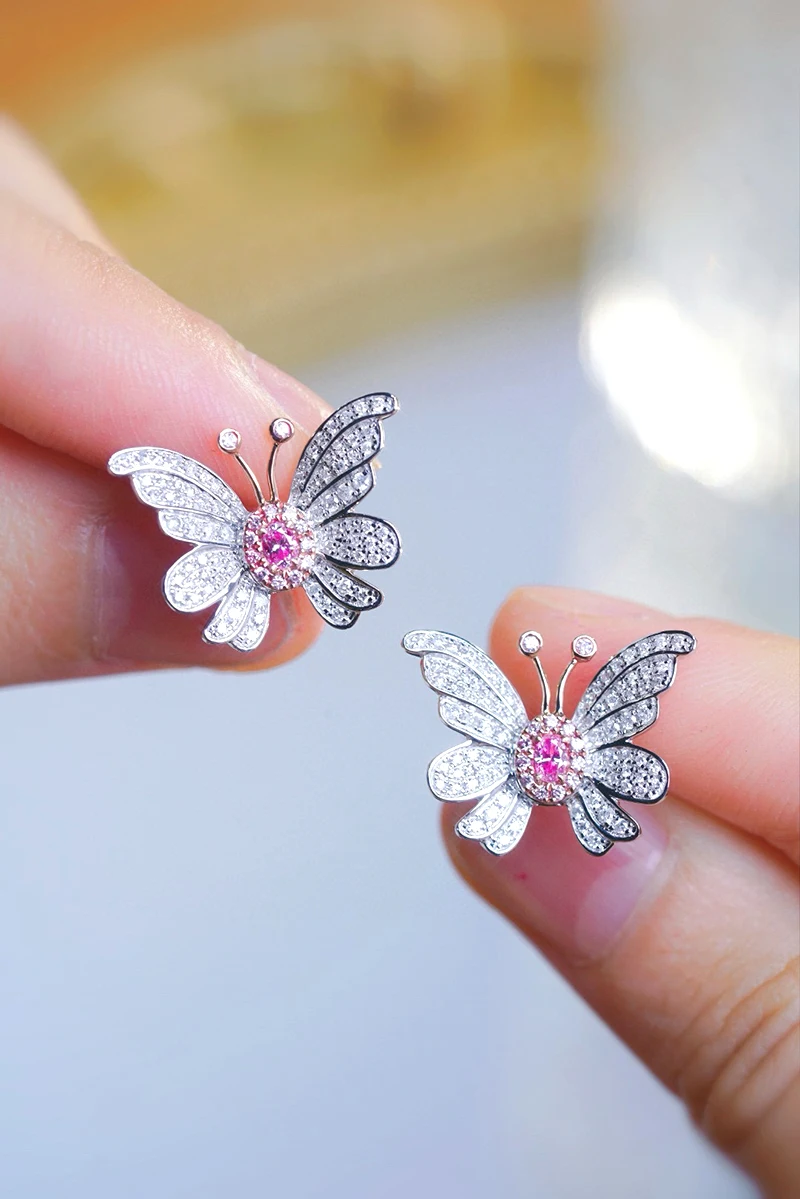 LUOWEND 100% 18K White Gold Earrings Women Real Natural Pink Diamond Stud Earrings Elegant Butterfly Shape High Wedding Jewelry