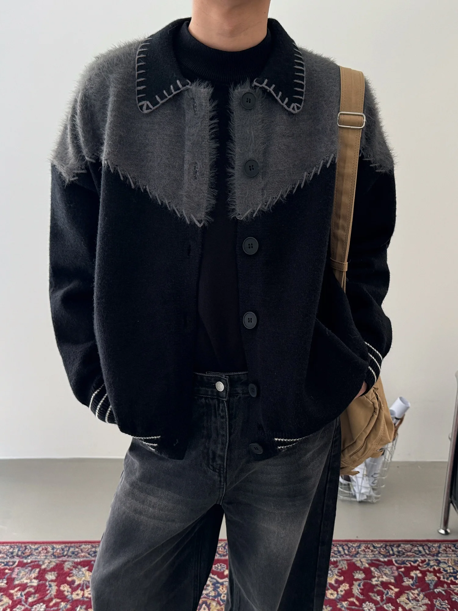 

Laid-ba Sle Men's Knitwear Jaet American Retro Collar College Wind Open Cardigan Long Sve Winter Casual Color