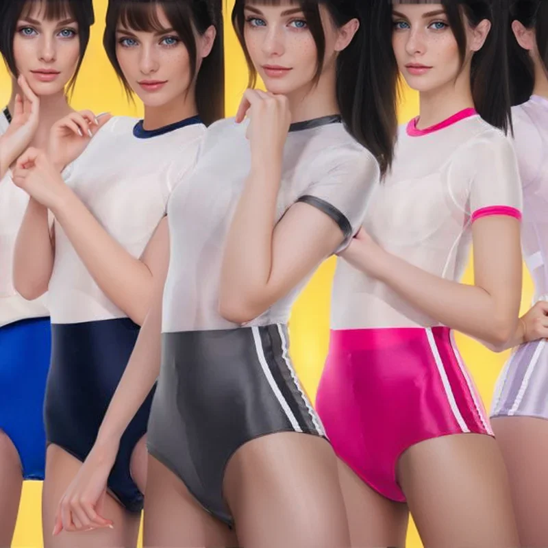 Women Glossy See Through Sexy One Piece Swimwear Short Sleeve Patchwork Stretch Bodysuits Japanese Bathing Suit Stretch Leotards