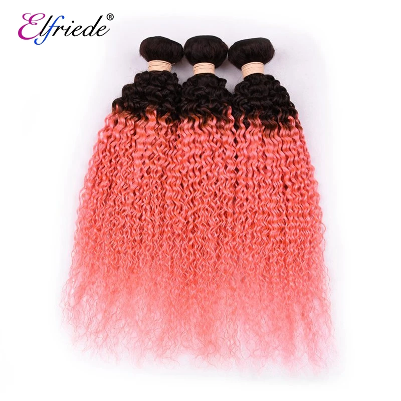 Elfriede #T1B/Pink Kinky Curly Ombre Color Hair Bundles with Closure 100% Remy Human Hair Wefts 3 Bundles with Lace Closure 4x4