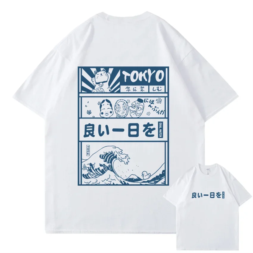 Men Hip Hop Streetwear T-Shirt Japanese Kanji Cartoon Great Wave Tokyo Women T Shirt Harajuku Cotton Short Sleeve Tshirt Summer