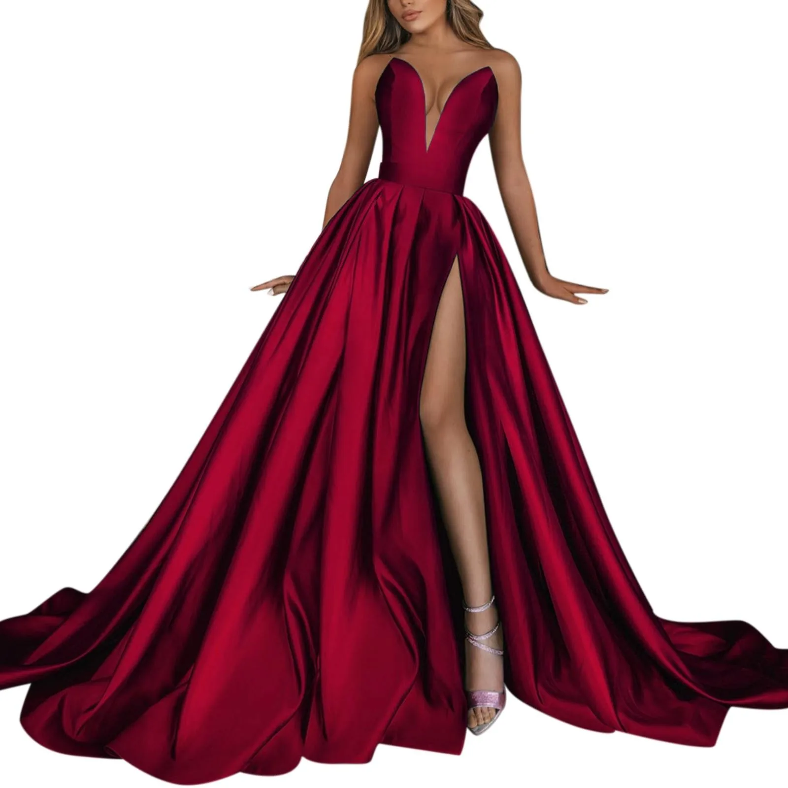 Women's Deep V Neck Satin Prom Dresses A Line Wrap Split Elegant Party Dresses Woman Slim Fit Long Evening Gown Formal Dresses