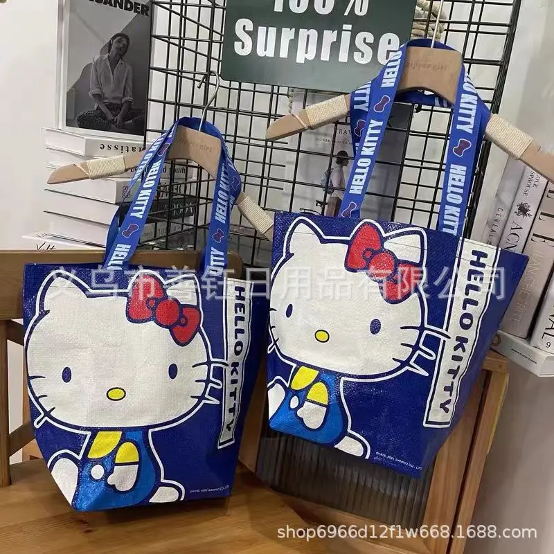 Cartoon Blue Hellos Kittys Printed Shopping Bag Eco-friendly Hand Woven Bag One Shoulder Kawaii Shopping Bags for Girls