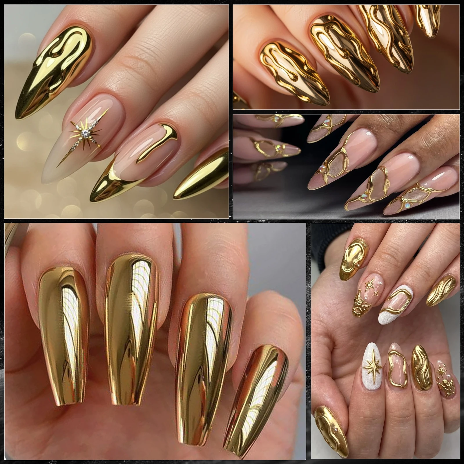 Goldener Spiegel-Chrom-Nagelpuder mit Metalleffekt, Nagelglitter mit Schwammstab, DIY Nagelkunst, Salon-Maniküre-Dekorationspigment – Detail 6