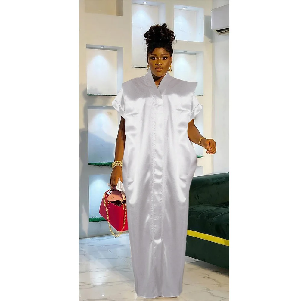 African Oversize Maxi Dress Women Elegant Short Sleeve Ruffled Satin Party Sundress 2024 Casual Loose Solid Color Summer Robe