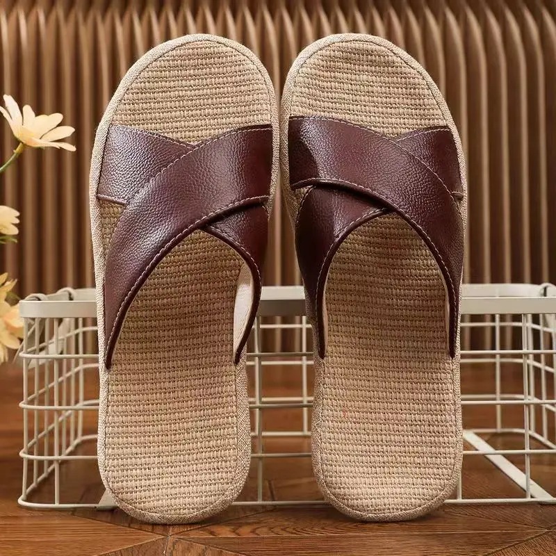 2026 Men's anti-slip cowhide soft-soled genuine leather slippers indoor breathable and sweat-absorbing linen sandals