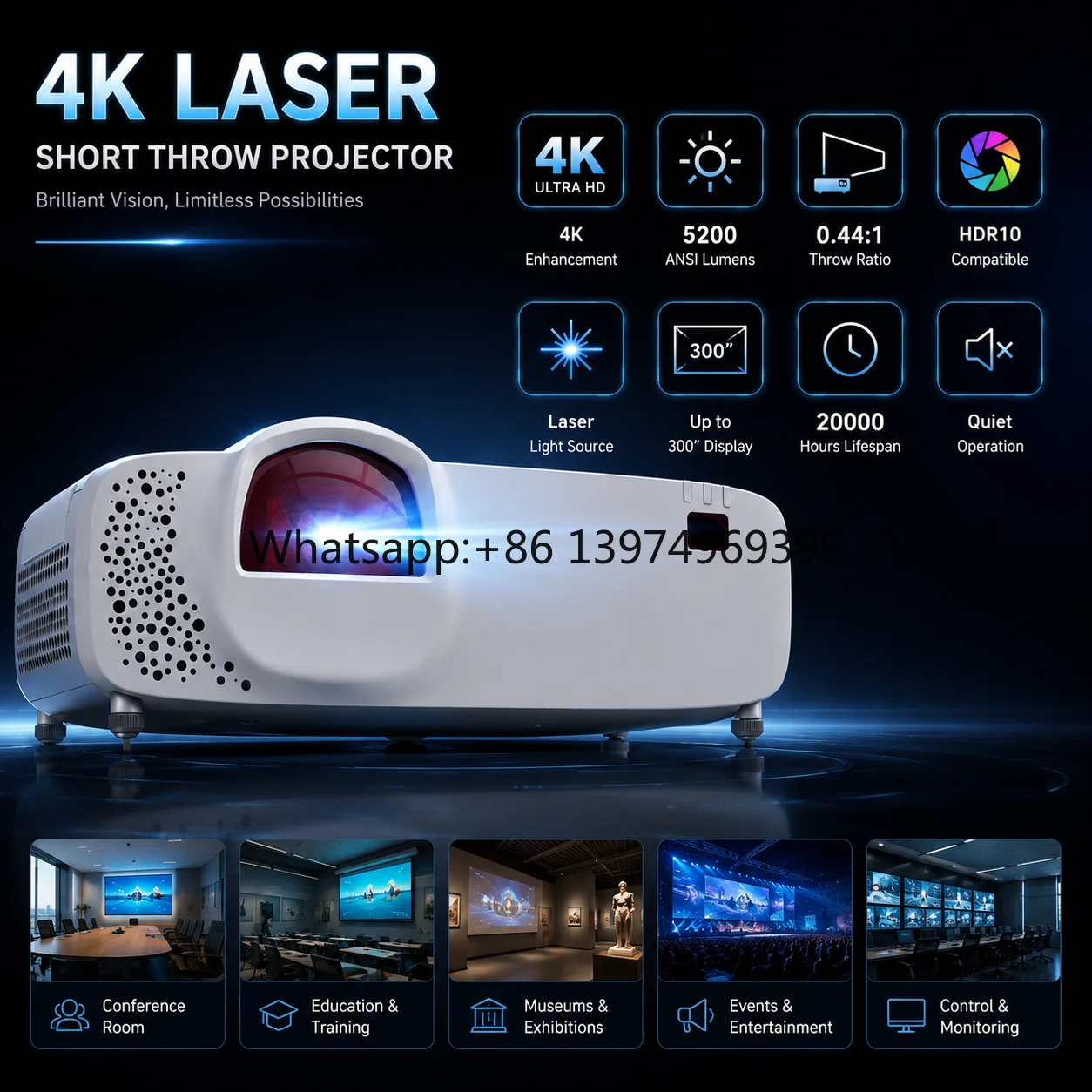 0.44:1 Short Throw Laser Projector with 4K 60Hz Input HDR10 and 3LCD Technology