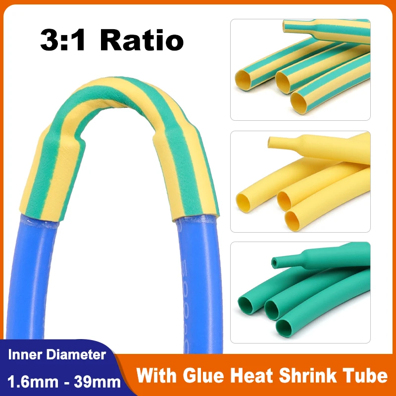 

1 - 10M 3:1 with Glue Heat Shrink Tube Yellow Green 1.6 ~ 39mm Polyolefin Dual Wall Shrinkable Insulated Waterproof Cable Sleeve