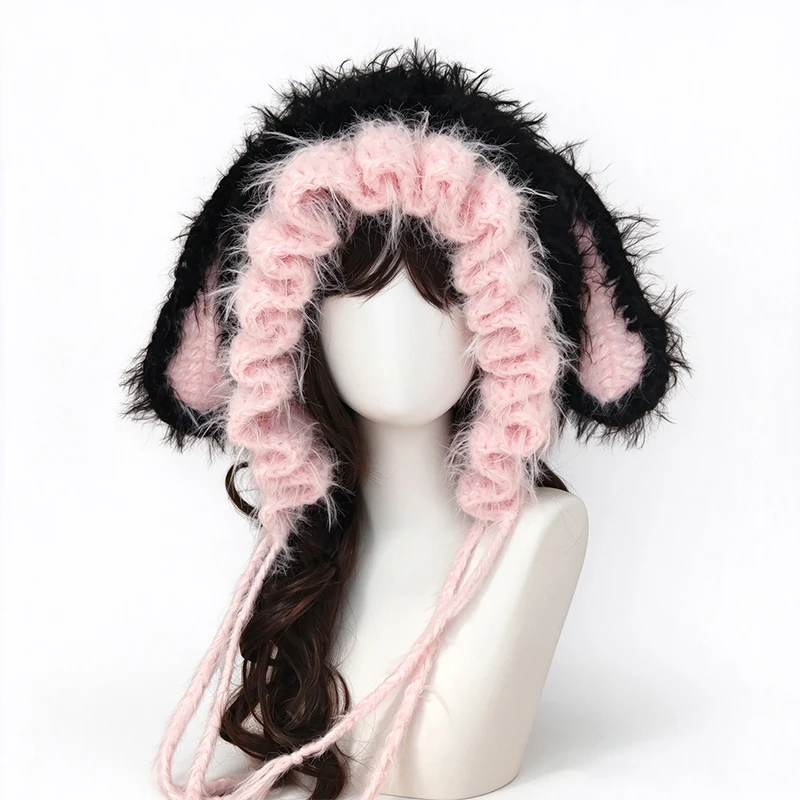 Handmade Pink Black Bunny Rabbit Ears Hat Women Custom Crochet Plush Ruffled Knit Beanie Girl Kawaii Sweet Fairy Lolita Hood Cap