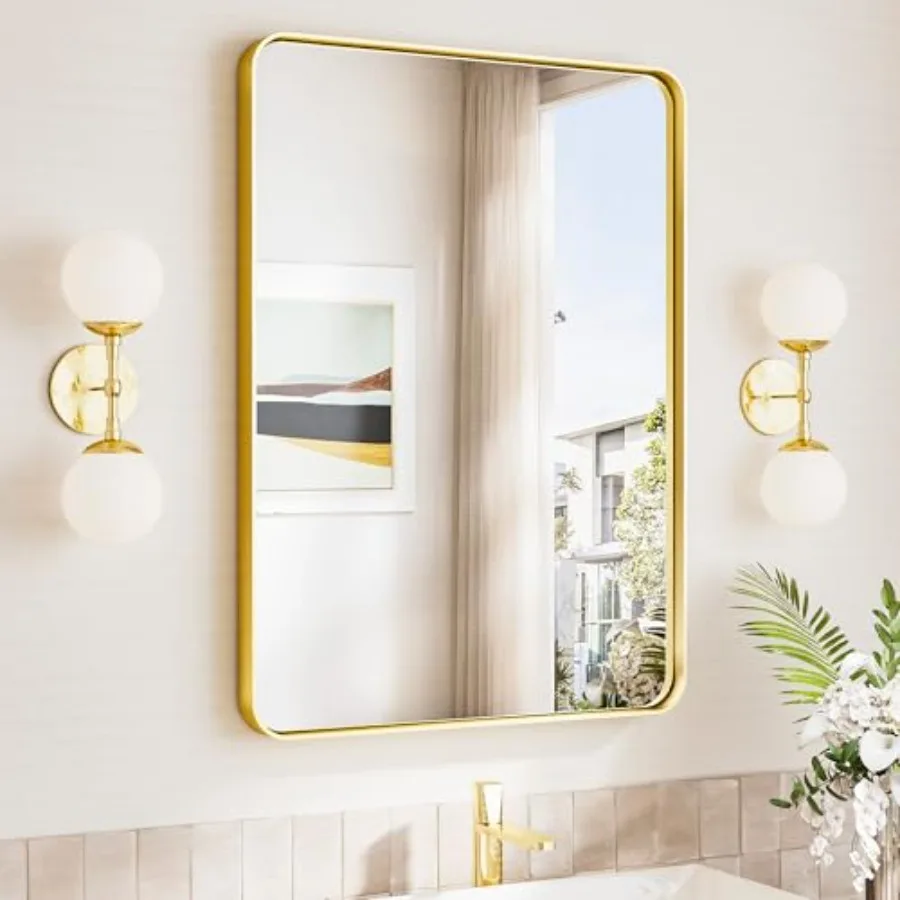 

Gold Bathroom Mirror 22x30HD Tempered Glass Brushed Gold Bathroom Vanity Mirror for Over Sink Aluminum Framed Mirror Wall Horiz