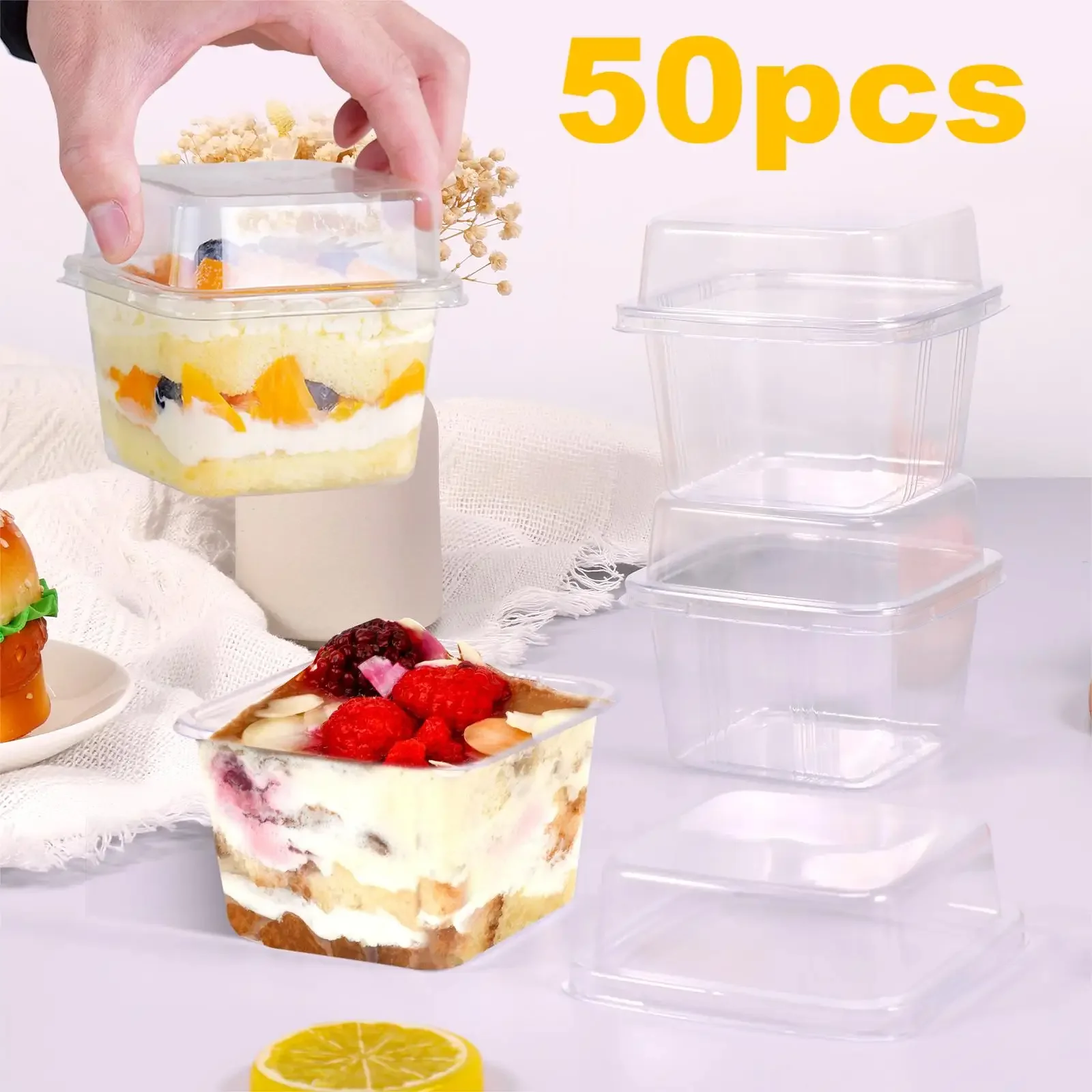 

50Pcs Plastic Dessert Cups with Lids 8oz Cupcake Container Sealed Cake Storage Square Box Muffins Pudding Mousse Party