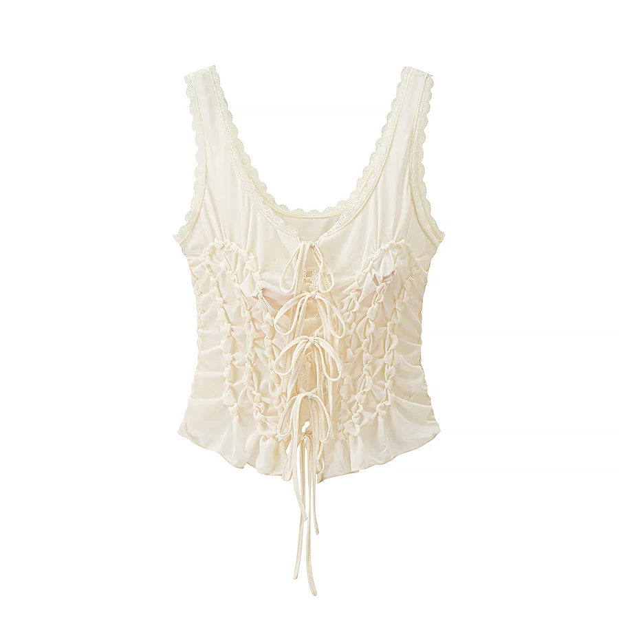 DUOPERI Women Y2K Fashion Solid Pleated Lace Up Slim Fitting Camisole Straps V-Neck Female Chic Lady Casual Tank Tops