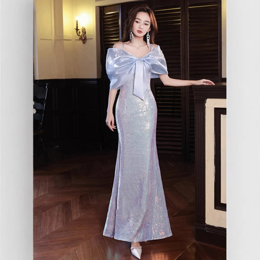 Luz de luxo vestido de noite feminino 2025 novo fora do ombro quinceanera festa vestido elegante lantejoulas feminino fishtail vestido de baile