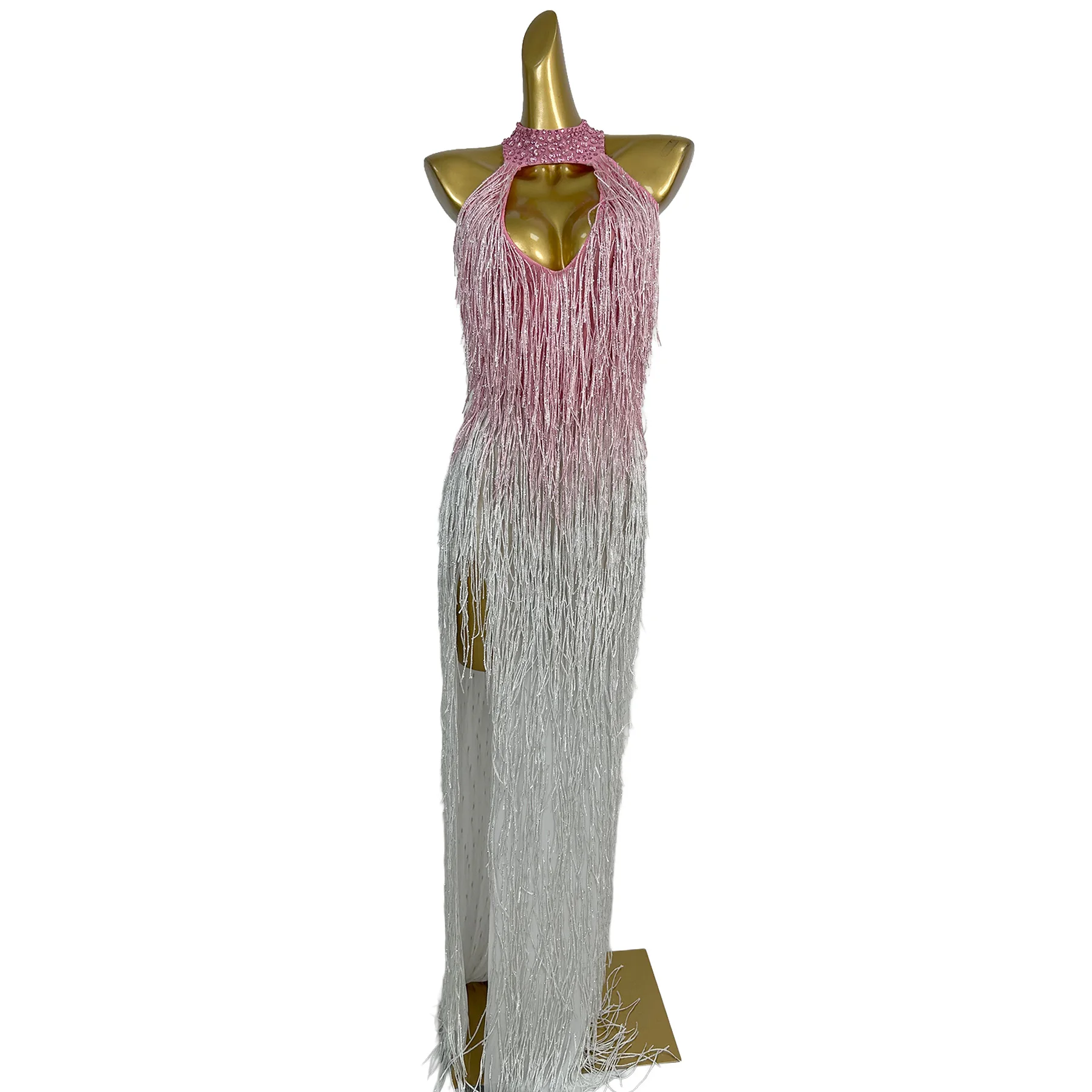 

Baixuegongzhu Pink to White Ombre Fringe Halter Neck Maxi Dress with Keyhole Cutout and High Slit for Drag Queen Performances