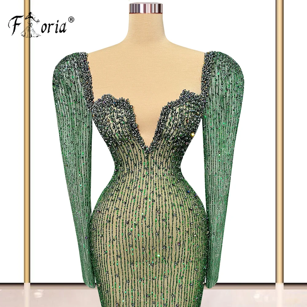 Hot Koop Groen Mermaid Trompet Feestjurk فساتين مناسبة رسمية Veren Kralen Prom Dresses Couture Celebrity Avondjurk Gewaden