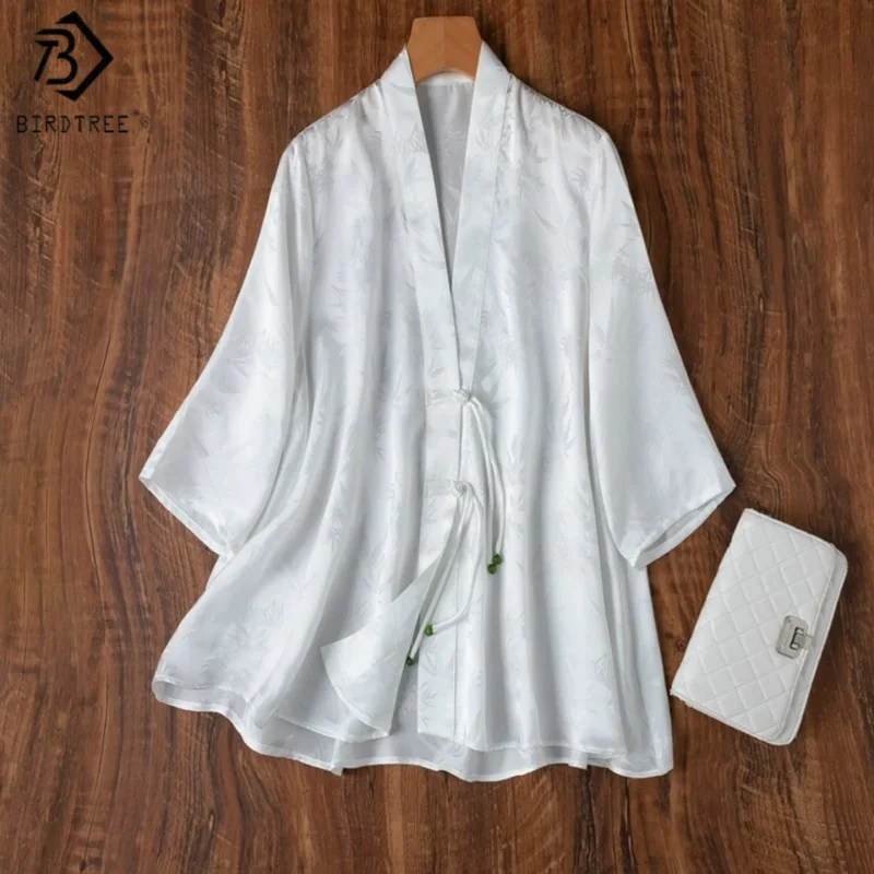 

Birdtree, 100% Real Silk Jacquard Coat, Women Satin Half Sleeve Jacket, V-neck Chinese Style Cardigan, 2026 Summer New T64020JF