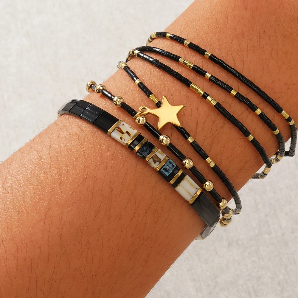 

1 PC Boho Star Charm Beaded Bracelet for Women Black Miyuki Seed Beads Gold Plated Copper Jewelry Adjustable Multilayer Wrap