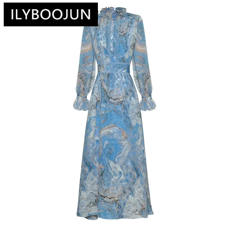 

ILYBOOJUN 2024 Summer Fashion New Arrivals Dress Women Retro Print Ruffled Ruched Design FLowers Neck Elegant Party Midi Dress