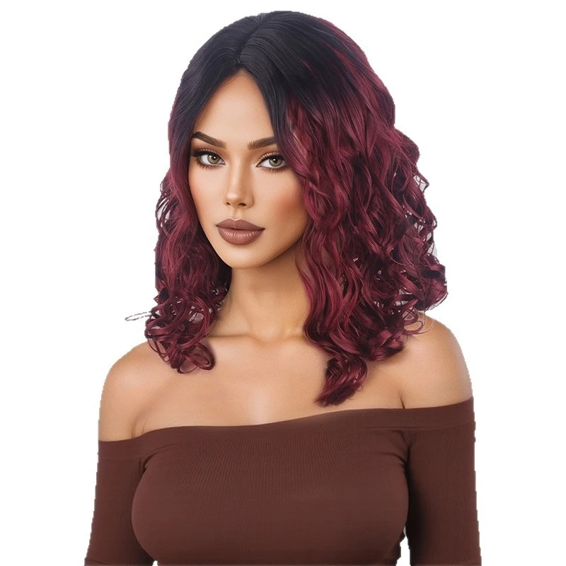 European and American fashion burgundy gradient wig, African small curls, natural synthetic fiber headpiece, middle-parted short
