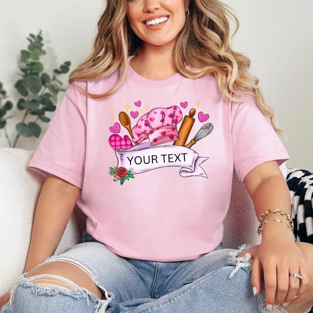 Personalized Baker T-Shirt Cute Baker Life Graphic Tee Customizable Name Pink Chef Theme Shirt Women Summer Fashion Cotton Tops